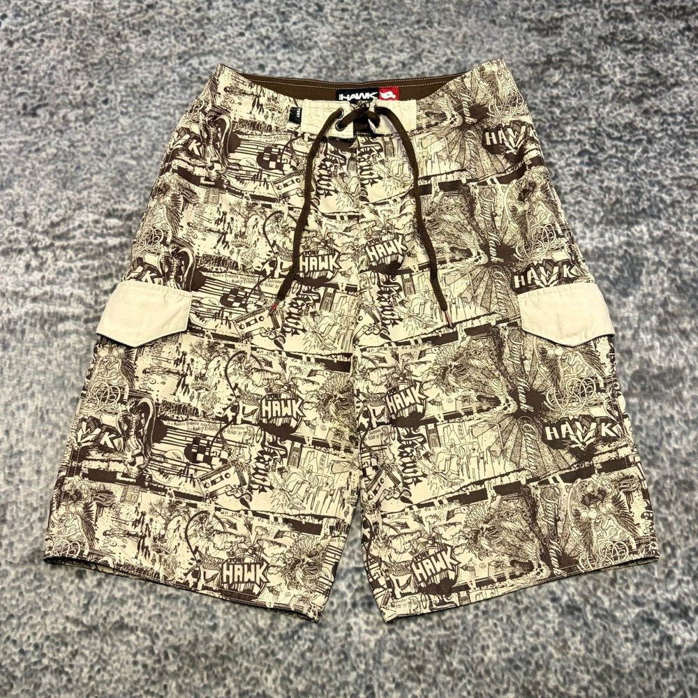 Vintage Y2K Tony Hawk Board Shorts 27" Brown Black Surf Skater Swim‎ Trunks